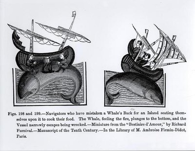 Navigators die de rug van een walvis voor een eiland hebben aangezien en erop gaan zitten om hun voedsel te koken, uit de Bestiaire d