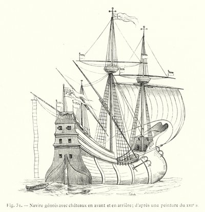 Genuese schip met kastelen voor en achter; naar een schilderij uit de 16e eeuw (gravure) door French School