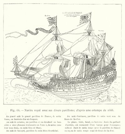Koninklijk schip met zijn verschillende vlaggen; naar een prent uit 1666 (gravure) door French School