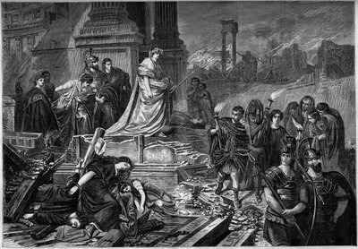 Nero na de brand in Rome in 64. Gravure naar het schilderij van Karl Theodor von Piloty (1826-1886). In 