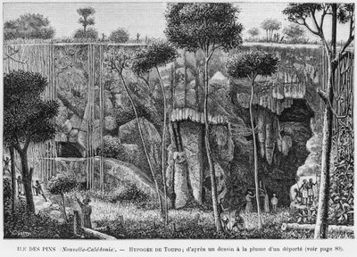 Nieuw-Caledonië, Isle of Pines, Hypogeum van Toupo, naar een pen- en inkttekening door een gedeporteerde, illustratie uit het bulletin Les Missions Catholiques, 1893 door French School