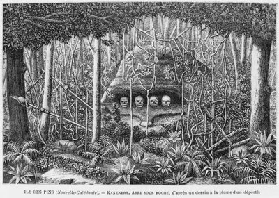 Nieuw-Caledonië, Isle of Pines, een schuilplaats in de rotsen, naar een pen- en inkttekening door een gedeporteerde, illustratie uit het bulletin Les Missions Catholiques, 1893 door French School