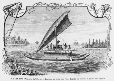 Nieuw-Caledonië, pirogue van het Isle of Pines, naar een pen- en inkttekening van een gedeporteerde, illustratie uit het bulletin Les Missions Catholiques, 1893 door French School