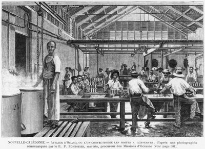 Nieuw-Caledonië, werkplaats in Ouaco, blikfabricage, naar een foto gegeven door de Marist Reverend Father Forestier, illustratie uit het bulletin Les Missions Catholiques, 1889 door French School
