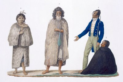 Nieuw-Zeelandse inboorlingen in inheemse en westerse kleding, 1826 door French School