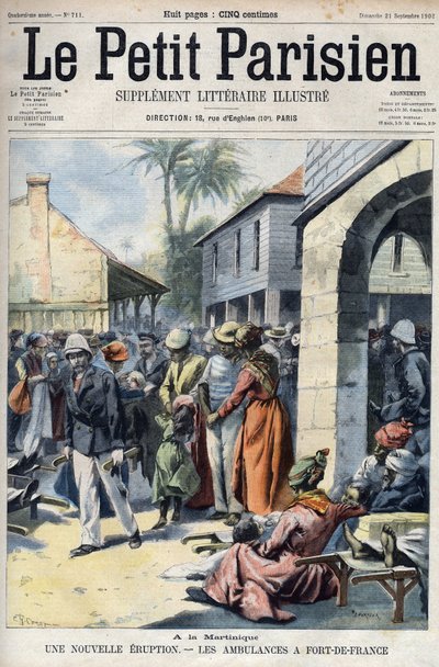 Nieuwe vulkaanuitbarsting van de Montagne Pelee vulkaan in Martinique: ambulances in Fort-de-France. Gravure in "Le Petit Parisien" door French School