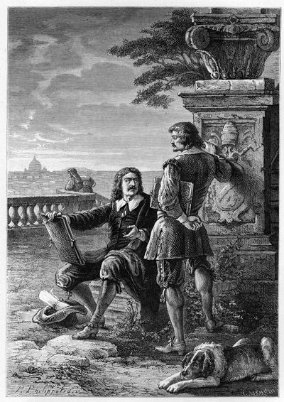 Nicolas Poussin (1594-1665), Franse schilder, met Claude Gellee, genaamd le Lorrain (1600-1682) in Rome (Trinita dei Monti) gravure uit L