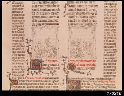 Noach in de wijngaard en de dronkenschap van Noach, uit de Bijbel van Jean Sy, c.1355 door French School