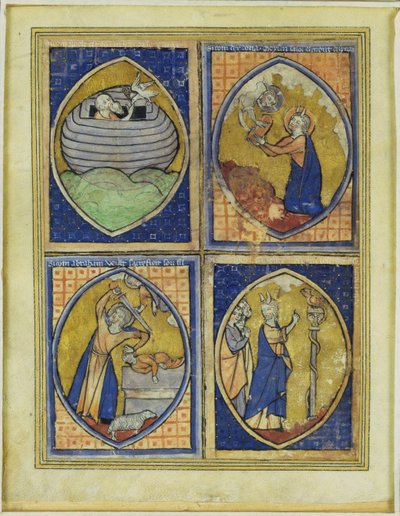 Noach ontvangt de witte duif, Mozes ontvangt de tafelen van de wet, het offer van Abraham, Mozes en de koperen slang, laat 13e eeuw door French School