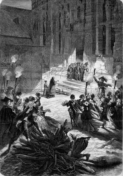 Kerstmis in Frankrijk onder Lodewijk XIII: de heer staat voor de deur van zijn kasteel terwijl een priester de buche zegent die zegen moet brengen aan de woning. In de binnenplaats zetten de boeren een slager op. 17e eeuw. Gravure in 
