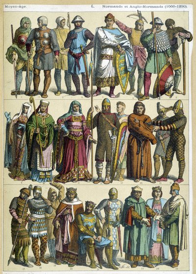Normandische en Anglo-Normandische burgerlijke, religieuze en krijgerskostuums (1066-1200) - gravure door French School
