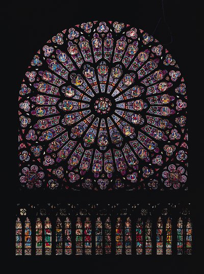 Noord transept roosvenster met de Maagd en Kind in het midden omringd door Oudtestamentische figuren, ontworpen ca. 1250 door French School