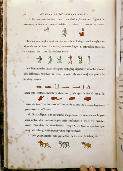 Aantekeningen over de kleuring van bepaalde hiërogliefen, uit Grammaire Egyptienne door Jean Francois Champollion, 1836 door French School