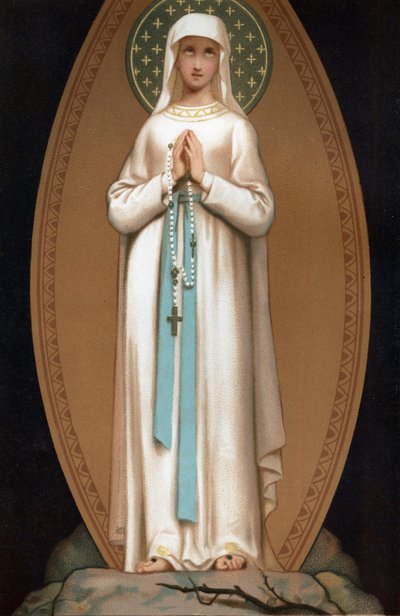Notre Dame de Lourdes: voorstelling van de Maagd Maria zoals zij zou zijn verschenen aan Bernadette Soubirous in de grot van Lourdes in 1858. Chromolithografie. Frontispice van 