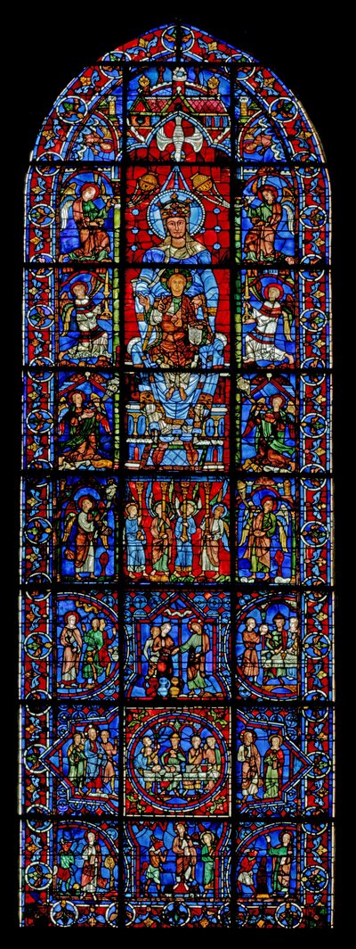 Notre Dame de la Belle Verriere; hieronder scènes van de Bruiloft te Kana en Christus