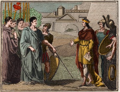 Numa Pompilius, legendarische tweede koning van Rome, retourneert het heilige schild aan de priesters van Mars. door French School
