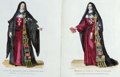 Nonnen van de Orde van Sint-Jan van Jeruzalem, illustratie uit Geschiedenis en Kostuums van Monastieke Orden door Vader Helyot, 1842 door French School