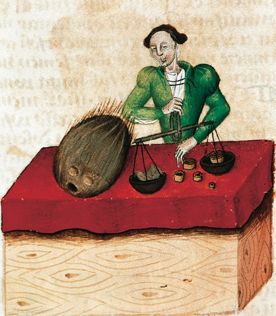Nootmuskaathandelaar, miniatuur uit Tractatus de herbis, Frankrijk 15e eeuw door French School
