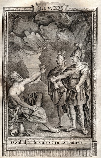 O Zon je ziet het, en je lijdt eronder! Ulysse antwoordde me zonder te bewegen: Jupiter wil het... gravure van 1798 door Monnet in 