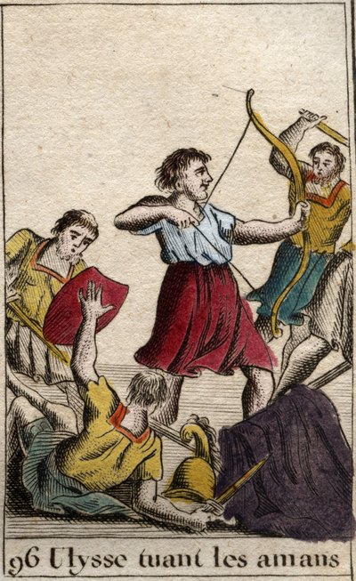 Odyssee van Homerus: Odysseus doodt de vrijers van Penelope bij zijn terugkeer naar Ithaca. Uit 