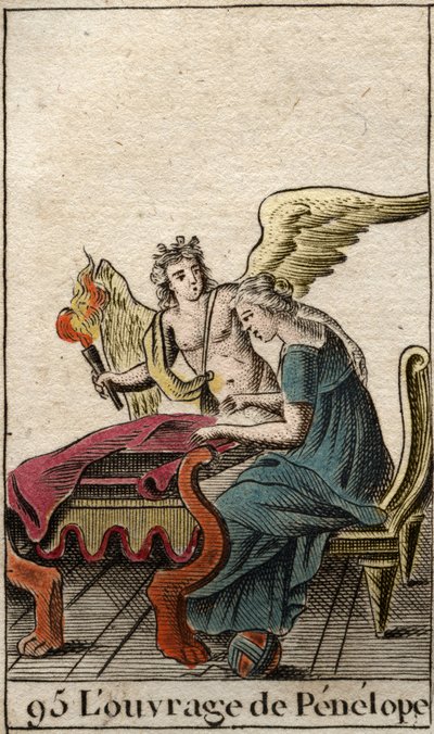 Odyssee van Homerus: de trouwe Penelope, de vrouw van de held Odysseus, die voortdurend een tapijt maakt en verdedigt terwijl ze wacht op de terugkeer van haar man naar Ithaca. door French School