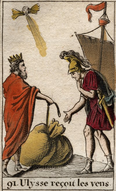 Odyssee van Homerus: Aeolus, koning van het eiland van de Cyclopen, geeft Odysseus een zak met winden zodat hij ze kan gebruiken. Uit 