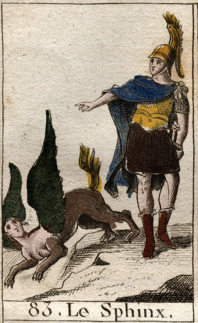 Oedipus lost het raadsel van de sfinx op die zichzelf van haar hoge rots werpt. Uit 