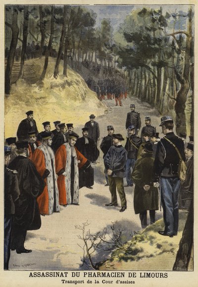 Rechters bezoeken de plaats van de moord op de heer Kauffmann, een apotheker uit Limours, nabij Royat, Frankrijk, 1897 door French School