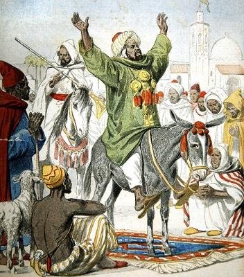 Omar Zarahun, pretendent van de troon van Marokko, predikt een Heilige Oorlog, omslagillustratie van Le Petit Journal, 23 november 1902 door French School