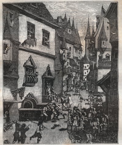 Op 20 mei 1636 werden acht vervalsers gearresteerd in de rue Champfleuri door twee politiecommissarissen vergezeld door een dozijn sergeanten - in "Parijs door de eeuwen heen" door Nicolas Jules Henri Gourdon de Genouillac (1826-1898). door French School