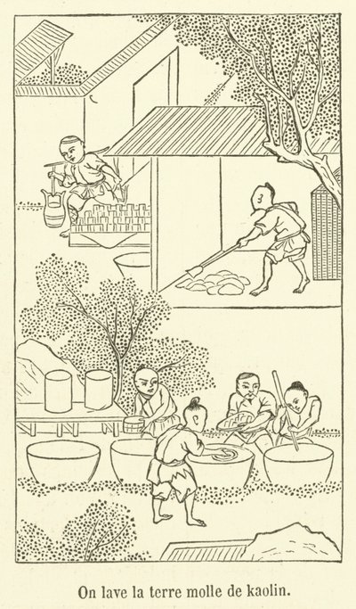 Men wast de zachte kaolien aarde (gravure) door French School