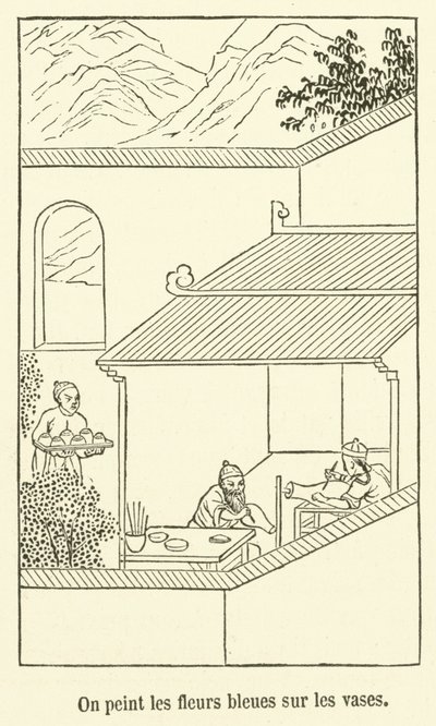 Men schildert de blauwe bloemen op de vazen (gravure) door French School