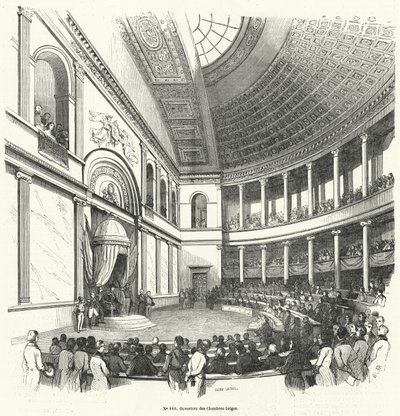Opening van de Kamer van Volksvertegenwoordigers, het lagerhuis van het Belgische parlement (gravure) door French School