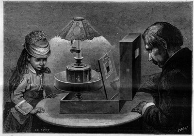 Optische illusie: het praxinoscoop theater, apparaat uitgevonden door Emile Reynaud (1844-1918). Gravure in 