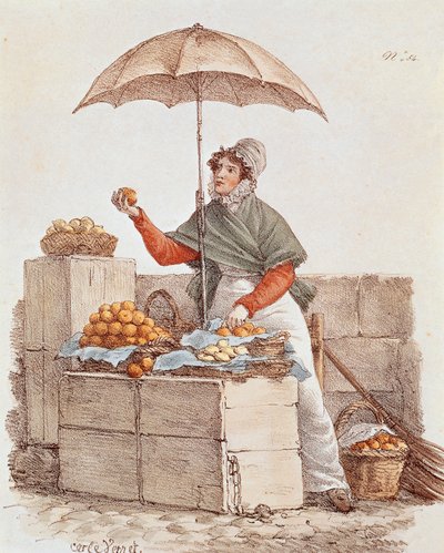 Sinaasappelverkoopster, prent, Frankrijk door French School