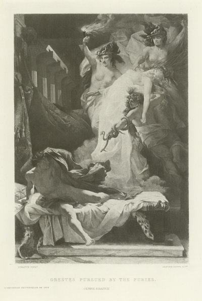 Orestes achtervolgd door de furiën (gravure) door French School