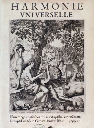 Orpheus speelt voor dieren. Frontispice van Harmonie universelle door Marin Mersenne door French School