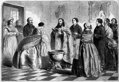 Orthodoxe ritus - doop: doopceremonie volgens de Griekse ritus in de hogere Russische samenleving in 1858. Het kind wordt door zijn peettante aan de paus gepresenteerd voordat het in de doopvont wordt ondergedompeld. Gravure in 