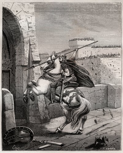 Otto II, Heilige Roomse Keizer voor Parijs - Otto II van het Heilige Rijk, bekend als de Roux (955-983) irriteert zich omdat hij Parijs niet kan binnendringen (Belegering van Parijs, 978), nadert de stadsmuren om zijn speer in de deur te planten - gravure  door French School