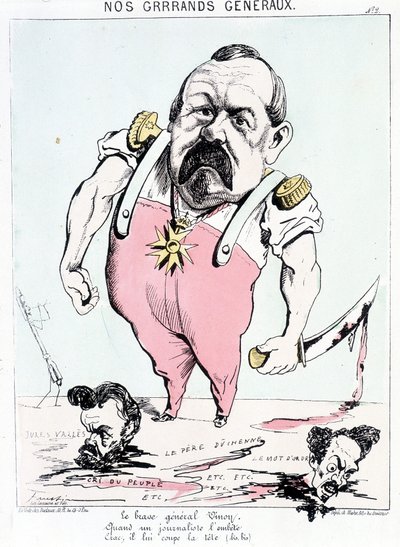 Onze grote generaals: de dappere Generaal Vinoy als een journalist hem lastigvalt, knak, hij hakt zijn hoofd eraf. Cartoon over Vinoy en de Commune. door French School
