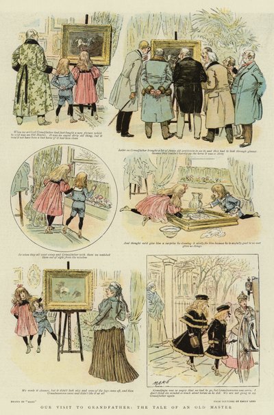 Ons bezoek aan Grootvader, het Verhaal van een Oude Meester (kleur litho) door French School