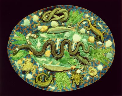Ovale Schotel Met Vissen En Reptielen, reproductie van Bernard Palissy aardewerk door French School