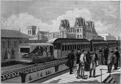 Overzicht van het verhoogde spoorwegstation en elektrische trein in New York, VS. Gravure in 