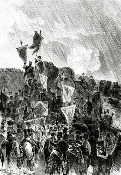 Pacifistische demonstratie op de vestingwerken door vrijmetselaars op 28 april 1870 om het bombardement van Parijs te eisen, uit Le Monde Illustré, 5 mei 1870 door French School