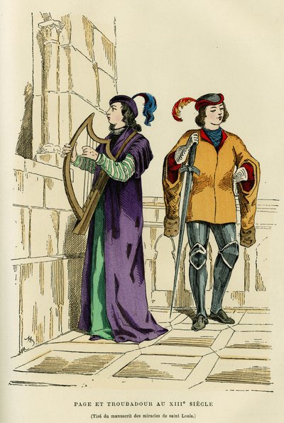 Pagekostuums en troubadour in de 13e eeuw. Kleuren gravure naar een tekening van het manuscript van de wonderen van Saint Louis (Louis IX 1214-1270), in 