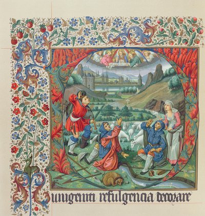 Pagina uit een facsimile editie van Missel de Jouvenel des Ursins met een gehistorieerde initiaal en een uitzicht op Parijs en de Seine in de 15e eeuw door French School