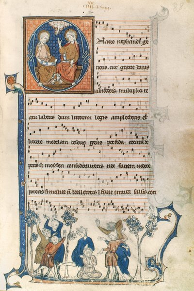 Pagina uit een manuscript voor een Parijse zanger, met illustraties van de Heilige Drie-eenheid en het spel Blindemansbluff, ca. 1280-1315 door French School