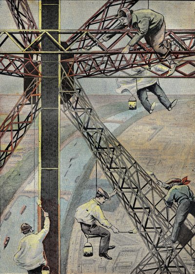 Schilders aan het werk, 200 meter boven Parijs, om de Eiffeltoren te schilderen in 1899. Gravure in 