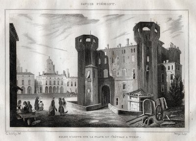 Paleis van Aosta op de Place du Chateau in Turijn - Gravure uit 