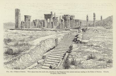 Paleis van Darius, uitzicht vanaf de zuidkant, met op de voorgrond de centrale trap die naar het paleis van Xerxes leidt door French School